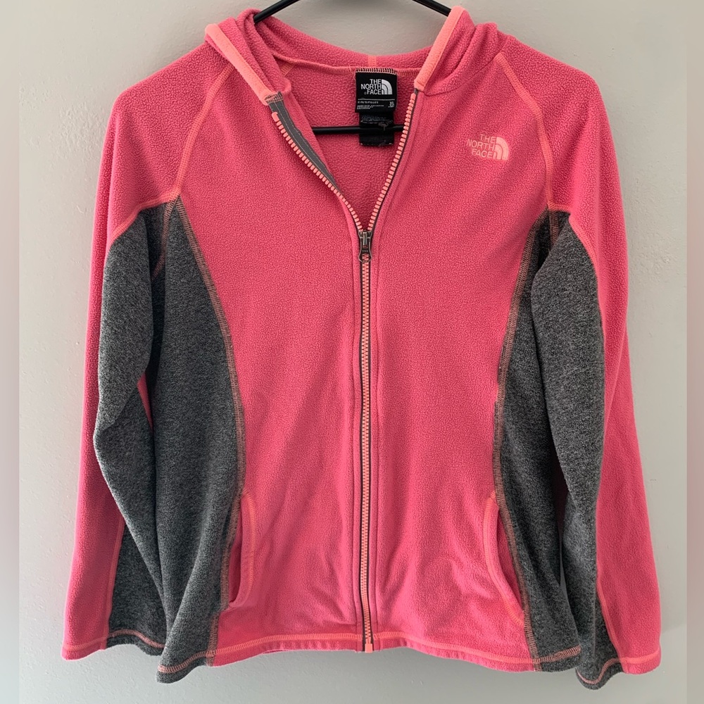 Girls XL North Face Pink and Gray Fleece Hooded Jacket